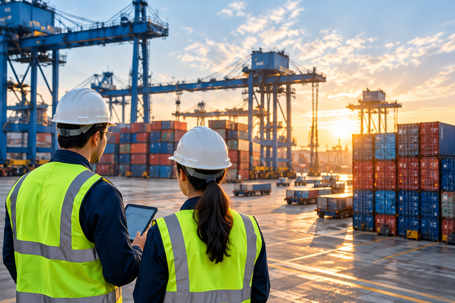 Port professionals reviewing logistics on a tablet
